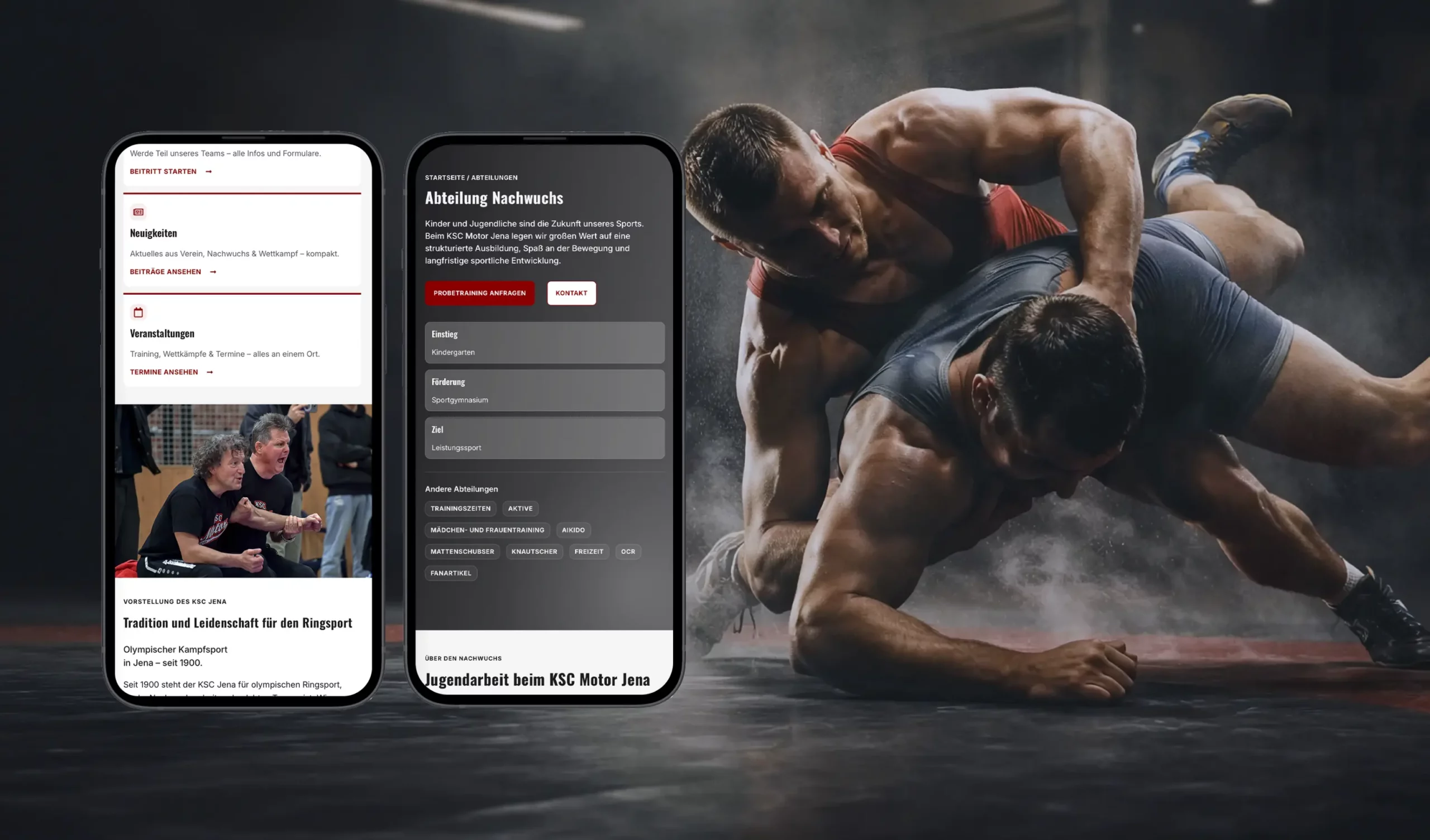 Vereinswebsites auf Smartphones, im Hintergrund ein Ringer beim Training